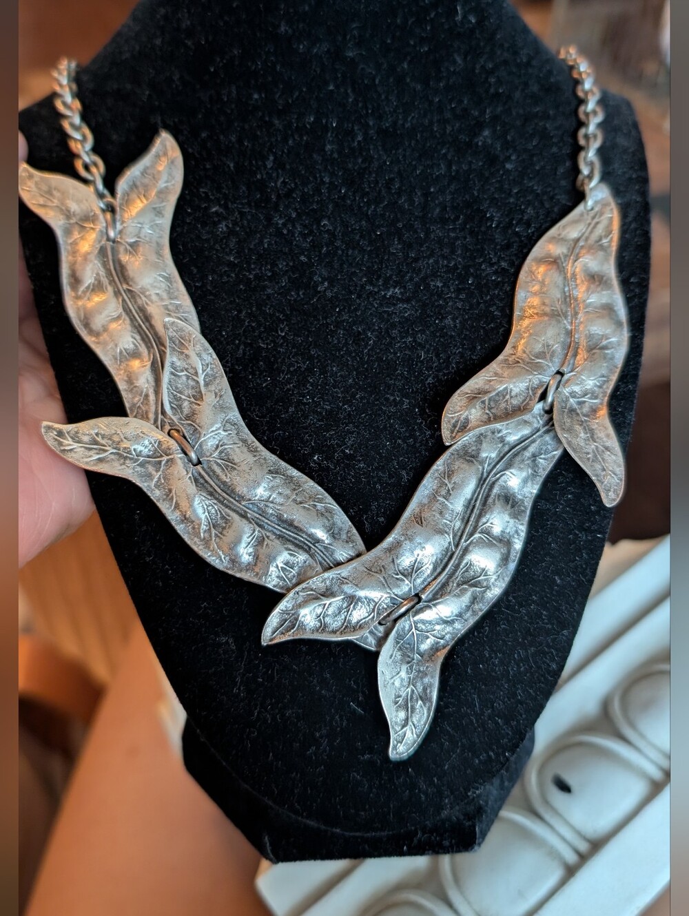 Vintage Brass , Rhodium Plated Leaf Statement Necklace